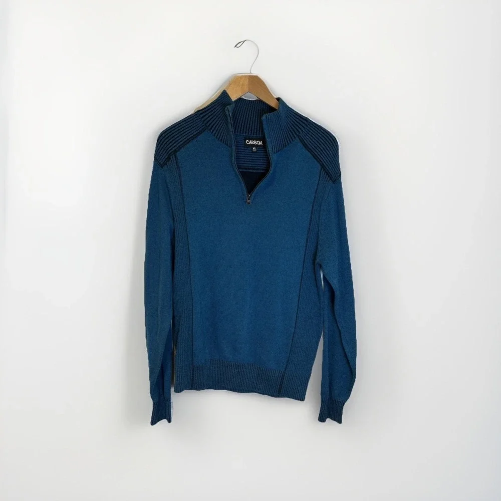 Carbon Quarter Zip Pullover Mens XL Blue Ribbed Shoulder Cotton Sweater Knit Top